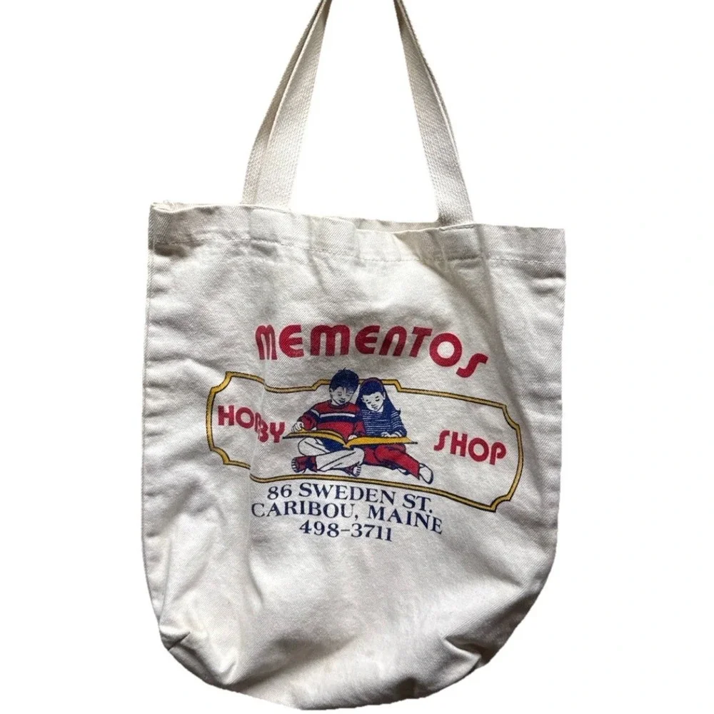 VTG Mementos Hobby Shop Caribou Maine Canvas Tote Bag Advertising Souvenir 80's